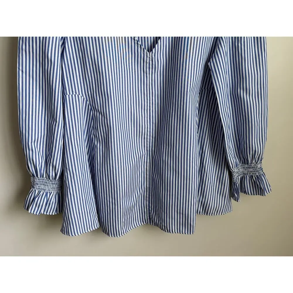 Tuckernuck Easton Stripe Long Sleeve V-Neck Blouse Blue White Women's Size M